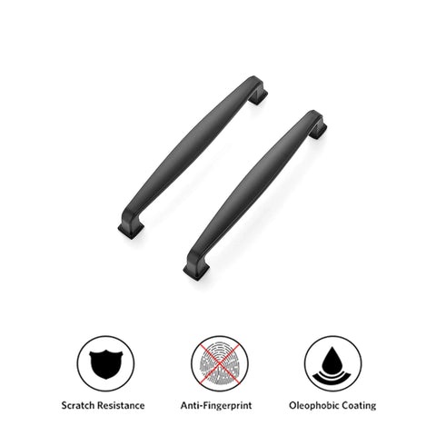 Two matte black cabinet handles with scratch resistance, anti-fingerprint, oleophobic coating. 30 Pack Solid 5 Inch Cabinet Handles Matte Black Pulls For Kitchen Drawers And Cabinets, 5-1/2 Inch Overall Length, 1/2 Inch Width, 15/16 Inch Projection, Durable Steel Construction, Easy To Install Hardware For Cupboards.
