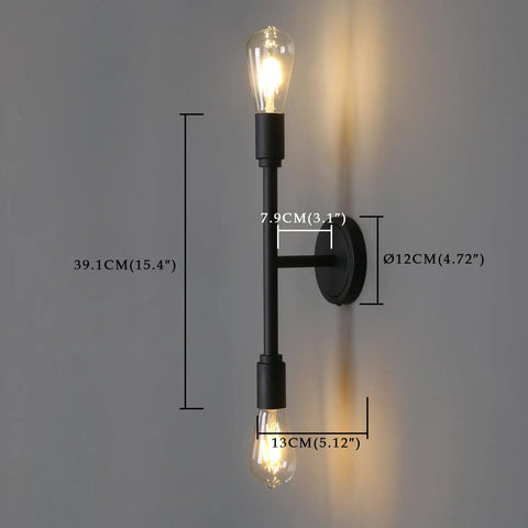 Two Light Vanity Sconce in Matte Black installed on wall with dimensions, showing industrial design, compatible with various bulb types