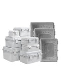 Outdoor IP66 Waterproof ABS Plastic Junction Box Heavy Duty Electrical Enclosure For Instruments And Power Projects, Gray Cover DIY Friendly Weatherproof Distribution Box With Easy Mount And Multiple Size Options. Set of gray ABS plastic enclosures, front view