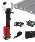 Heavy Duty No BS Electric Hydraulic Cable Cutter Provides Kickass Cutting Force Through Copper Wire And Armored Cable Up To Eighty Five Millimeter Thick, includes two batteries and charger.