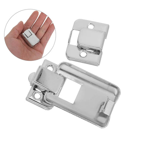 8 Pack Locking Latches For Boxes Sturdy Metal Cold Rolled Steel shown on hand and close-up for size reference