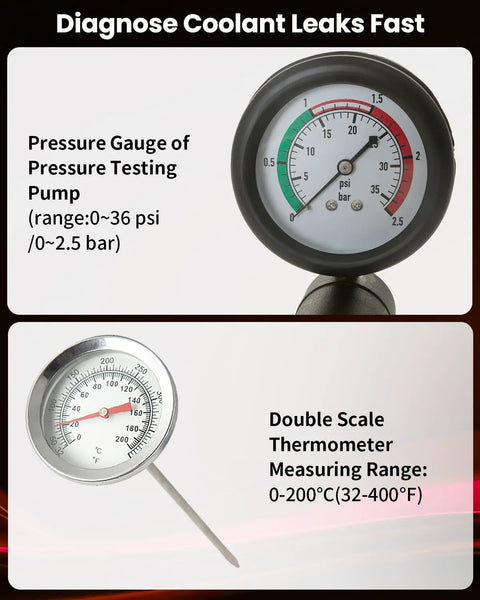 Pressure gauge and thermometer from Heavy Duty 18 Piece Radiator Pressure Pump And Cooling System Leak Test Kit.