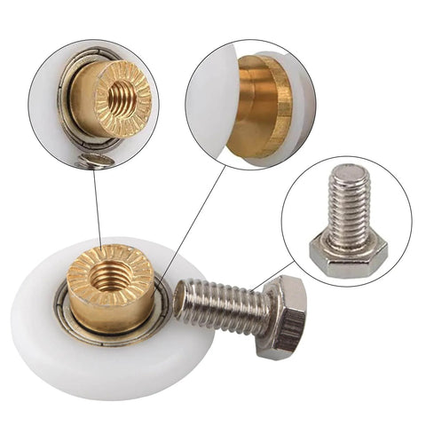 Shower Door Roller Set 25mm Twin Wheel Runners For 4 To 6mm Thick Doors Top And Bottom Replacement Parts White 4 Pack Includes Stainless Steel Screws Copper Core POM Wheels Easy Install No Fuss product detail.