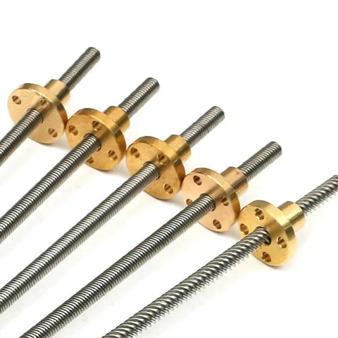 Beefed Up Lead Screw For 3D Printer With Copper Nut, 304 Stainless Steel Trapezoidal Thread, showing multiple screws with nuts
