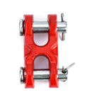 Heavy Duty 3/8 Inch Twin Clevis Safety Chain Repair Links 4 Pack showing a red forged steel connector with rust proof finish.