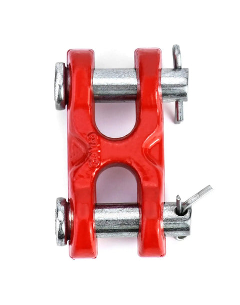 Heavy Duty 3/8 Inch Twin Clevis Safety Chain Repair Links 4 Pack showing a red forged steel connector with rust proof finish.