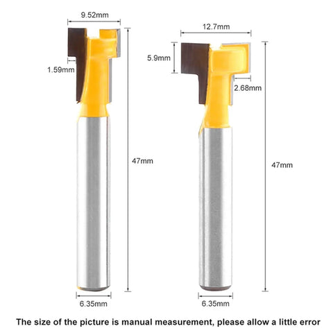 Premium Two Pack Yellow T Slot Cutter Router Bits Designed For 3 8 Inch And Half Inch Cutting Edges With Rock Solid One Quarter Inch Shank, side view with dimensions.