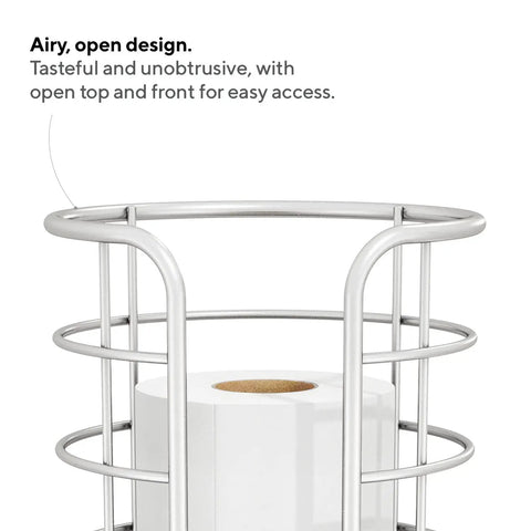 Freestanding Toilet Paper Storage Stand For Mega Rolls, No-Fuss Organizer, polished chrome wire finish, roll in holder.