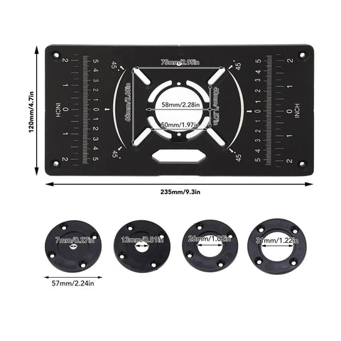 Dead Nuts Accurate Aluminum Router Table Insert Plate With Slick Inch And Centimeter Grid Markings Quick Swap Flip Board for woodworking, dimensions shown.