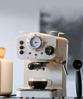 Retro Semi Automatic Espresso Maker Featuring 15 Bar Pump And Heavy Duty Stainless Steel Body With Built In Milk Frother Plus Complete Cappuccino Kit, with coffee cup