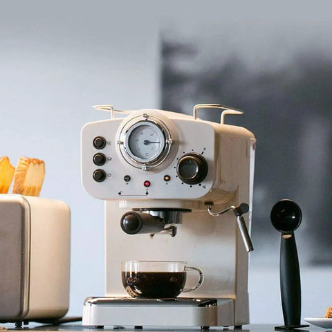 Retro Semi Automatic Espresso Maker Featuring 15 Bar Pump And Heavy Duty Stainless Steel Body With Built In Milk Frother Plus Complete Cappuccino Kit, with coffee cup