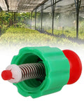 Front view of green pressure relief valve with red plunger and metal spring for garden sprayers (2 pcs)