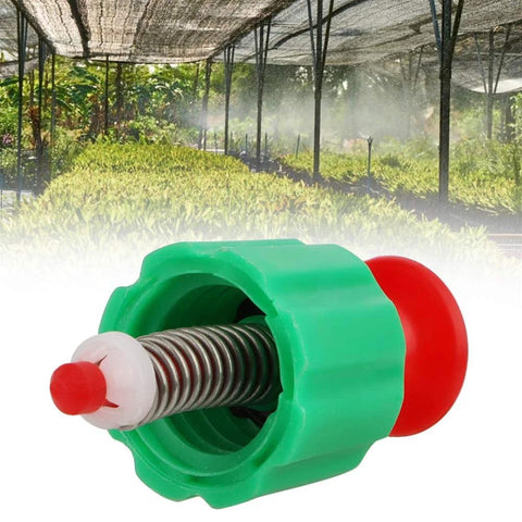 Front view of green pressure relief valve with red plunger and metal spring for garden sprayers (2 pcs)