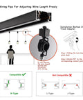 Wiring setup for Slick Adjustable Black Track Lighting Pendants showing adjustable wire length and compatibility with H type tracks.