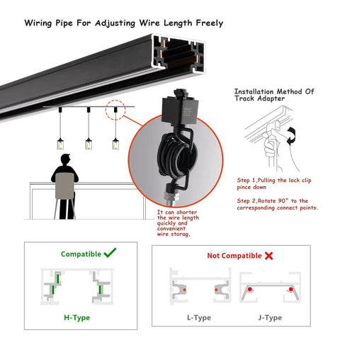 Wiring setup for Slick Adjustable Black Track Lighting Pendants showing adjustable wire length and compatibility with H type tracks.