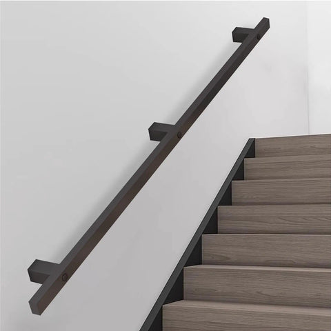 Built Like A Tank With Killer Grip Wall Mounted Stair Handrail Black Wrought Iron Square Tube installed on indoor stairs.