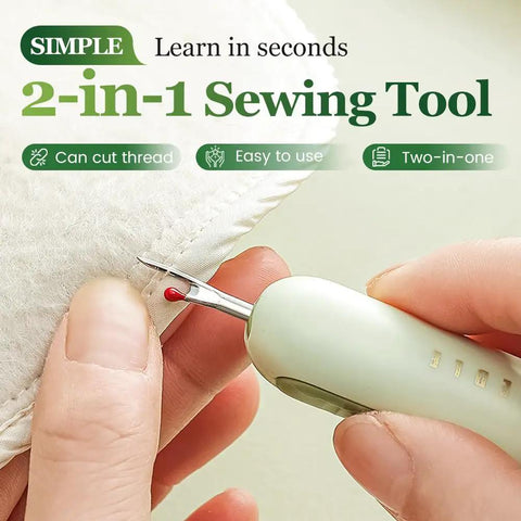 Close-up of 2 In 1 Needle Threader And Seam Ripper for Sewing Enthusiasts and Seniors in use on fabric seam.