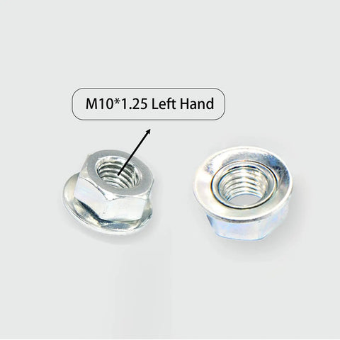 Two silvery M10x1.25 left hand nuts for Six Pack M10x1.25 Left Hand Thread Blade Nut Replacement Fits Husqvarna Ryobi Homelite Honda