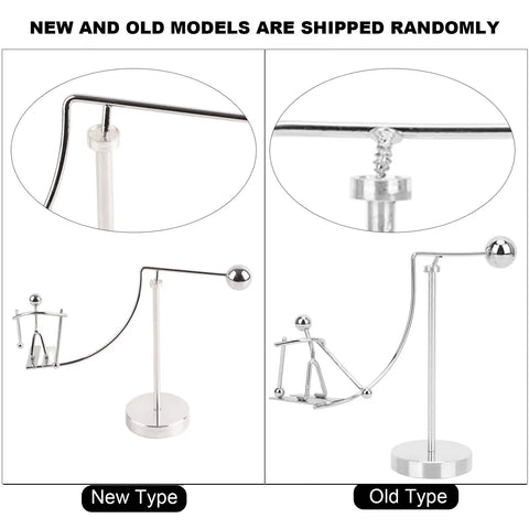 Dope Newton Pendulum Desk Decor With Surfing Or Skiing Little Man Figurines in metal, showcasing new and old models.