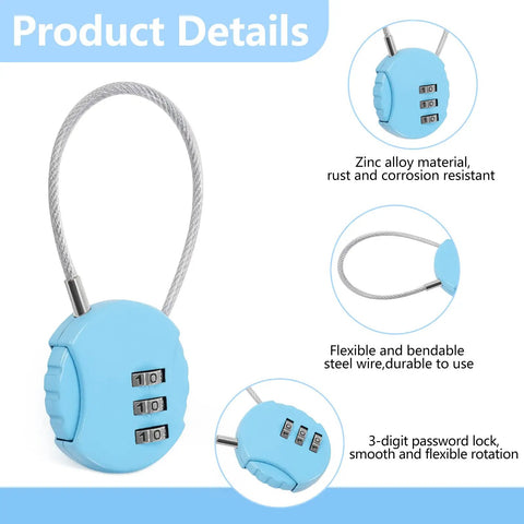 Product details of Eight Pack 3 Digit Combination Wire Locks For Luggage, Gym Lockers, Backpacks And Suitcases, highlighting blue lock features.