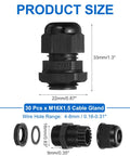 30 Pcs M16 Cable Gland Kit Heavy Duty Waterproof Nylon Seals For Wiring, Fixing, And Repairing Enclosures With 4-8mm Hole, Durable Black Gland Fittings For Electrical Appliances And Gland Replacement, shown with size measurements