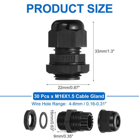 30 Pcs M16 Cable Gland Kit Heavy Duty Waterproof Nylon Seals For Wiring, Fixing, And Repairing Enclosures With 4-8mm Hole, Durable Black Gland Fittings For Electrical Appliances And Gland Replacement, shown with size measurements