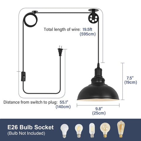 Diagram of Industrial Plug In Pendant Light With 19.5 Foot Cord And On Off Switch Retro Barn Bronze Dome Ceiling Fixture dimensions