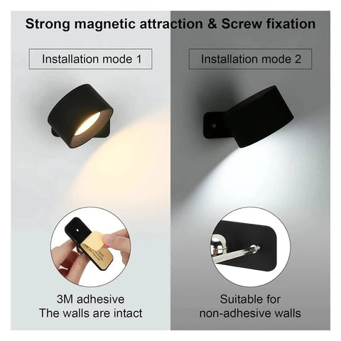 Lightess LED Wall Sconce 19 RGB Colors Dimmable, Rechargeable Sconces showing installation modes with adhesive and screw fixation.