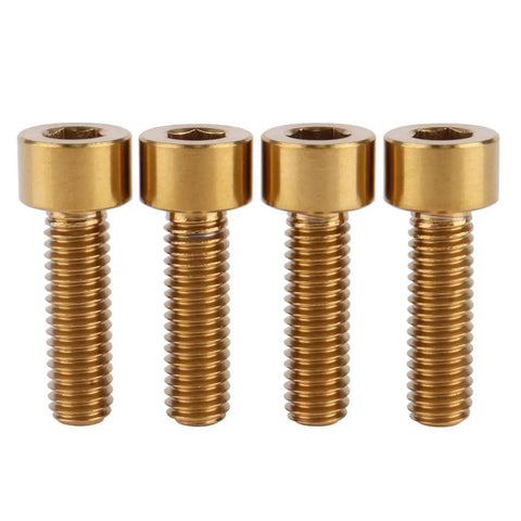 Four Titanium Bike Bolt M6 X 20mm Hex Set Gold Finish Pack Of 4 For Bike Parts, Ultra Lightweight, High Strength Screws lined up