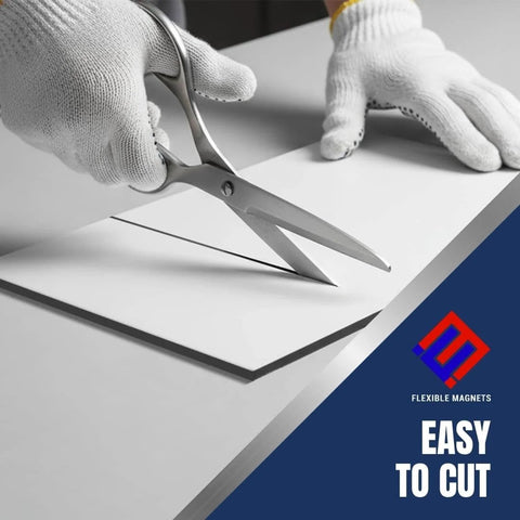 Stick On Magnetic Sheets With Adhesive Backing 4 By 6 Inches 1 Pack being cut with scissors, showcasing easy customization for crafts.
