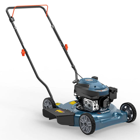 20 Inch Gas Lawn Mower With 144cc 4 Cycle Engine, Walk Behind Push Mower, blue design with durable 7 inch wheels