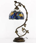 Blue Tiffany Style Stained Glass Lotus Table Lamp With Metal Leaf Base, 21 Inch Tall, 8 Inch Shade, Bronze Finish, UL Listed, S220 Series