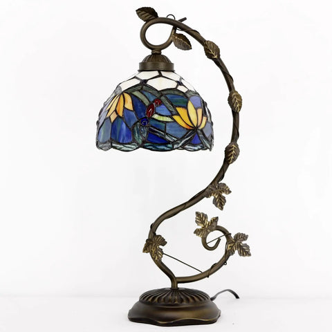 Blue Tiffany Style Stained Glass Lotus Table Lamp With Metal Leaf Base, 21 Inch Tall, 8 Inch Shade, Bronze Finish, UL Listed, S220 Series