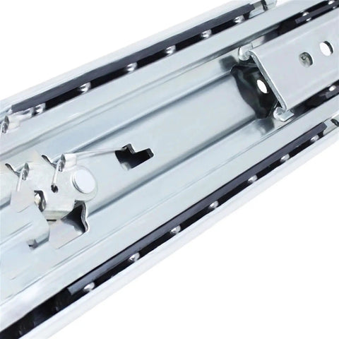 Close-up of Heavy Duty Full Extension Drawer Slides With Lock 40 Inch 1 Pair Detachable Quick Release Latches in silver metal