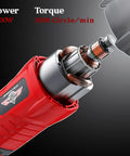 Close-up of red handheld tool's motor showing 1200W power. Not the Beast 3800W Handheld Electric Saw for Meat and Bone Cutting.