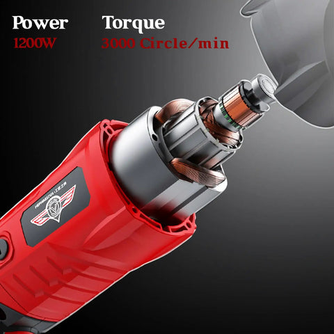 Close-up of red handheld tool's motor showing 1200W power. Not the Beast 3800W Handheld Electric Saw for Meat and Bone Cutting.