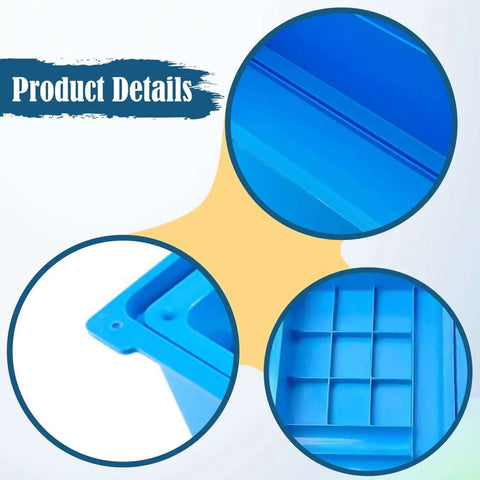 Close-up view of blue sliding compartments and tray of Double Storage Sewing Machine Table Drawer Organizer with Sliding Compartments for Case and Bobbin Gauge, Durable PP Material, Industrial Sewing Machine Accessory to Keep Tools Neat, Accessible, and Ready.