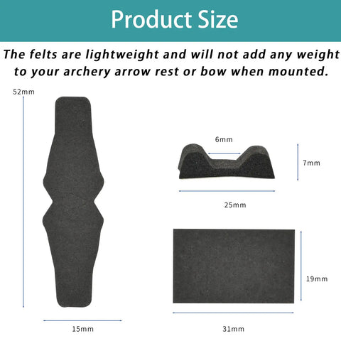 Drop Away Arrow Rest Felt Kit With 2 Pairs Felt Tapes And 2 Arrow Holder Pads Adhesive For Compound Bows product sizes displayed