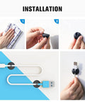 Installation process of 12 Pack Adhesive Cable Clips For Desk Home Office And Car Cord Management Wire Holder Clips To Keep Cords Neat And Tidy Dirt Resistant Acrylic Pads For Long Lasting Use, showing steps from cleaning to attaching cables.