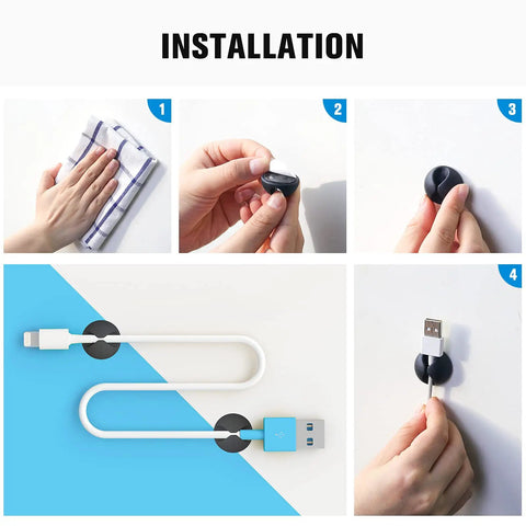Installation process of 12 Pack Adhesive Cable Clips For Desk Home Office And Car Cord Management Wire Holder Clips To Keep Cords Neat And Tidy Dirt Resistant Acrylic Pads For Long Lasting Use, showing steps from cleaning to attaching cables.