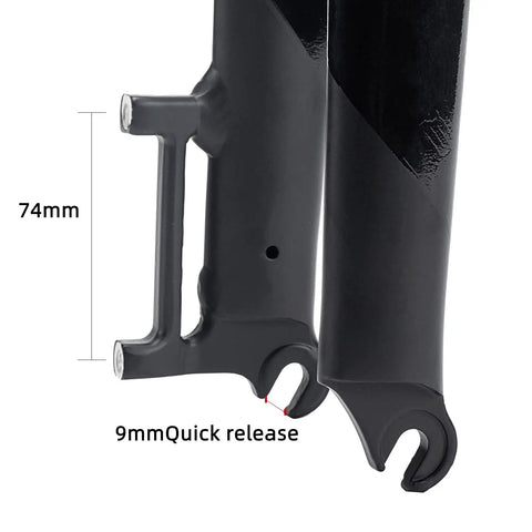 Close-up of the dropout area of a rigid mountain bike fork for 26 27.5 29 inch wheels aluminum alloy 1 1 8 inch steerer.