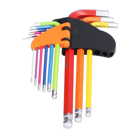 Super Cool 9 Piece Hex Wrench Set With Chrome Steel Ball Heads In Vibrant Colors For DIYers And Pros To Fix Stuff Fast And Keep Your Tools Organized. 9-piece metric hex keys with ball heads and color-coded holders