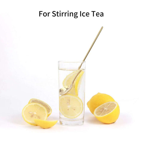 Gold Tone 6.7 Inch Long Handle Coffee And Tea Spoon in iced tea glass with lemon slices