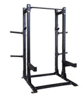 Tight Footprint Commercial Half Rack Package Featuring Olympic J Hooks Heavy Duty Spotter Bars And Weight Horns Beast Mode Strength Setup built for deadlifts and squats in matte black.