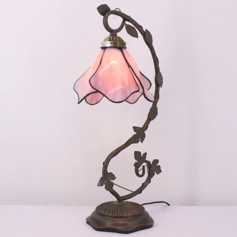 Pink Tiffany Style Stained Glass Table Lamp with Metal Leaf Base, Cozy Desk Reading Light for Small Spaces, 8x10x21 Inch Decor