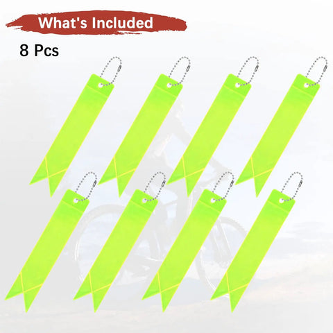 8 Pack Reflective Safety Pendants With Chains For Backpacks, Running And Cycling in fluorescent green shown in 8 pieces