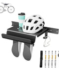 Space-Saving Bike Wall Mount Rack With Shelf And Hooks For Helmet, Shoes And Gear, Garage-Ready Storage model with tools shown