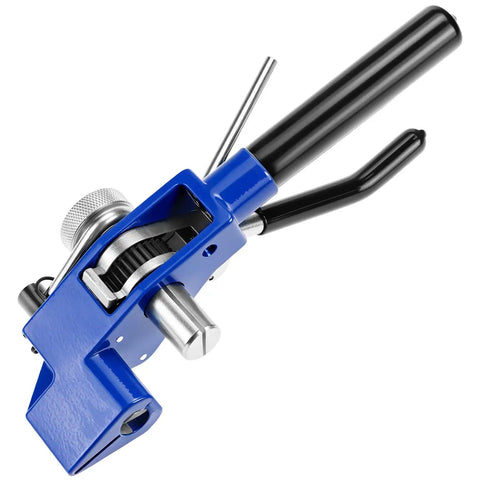 Blue stainless steel banding tool tensioner pro grade for 4 to 20mm wide straps and 0.4 to 0.8mm thick bands, side view