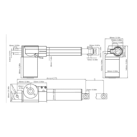 Beefy DC Linear Actuator Pumping Out Serious 6000N Thrust Over A Massive 500Mm Stroke technical drawing with dimensions