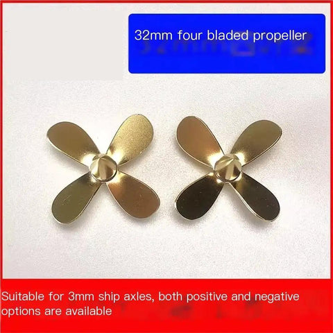 32mm four blade brass propellers for RC models, suitable for 3mm ship axles, shown with left and right hand options.